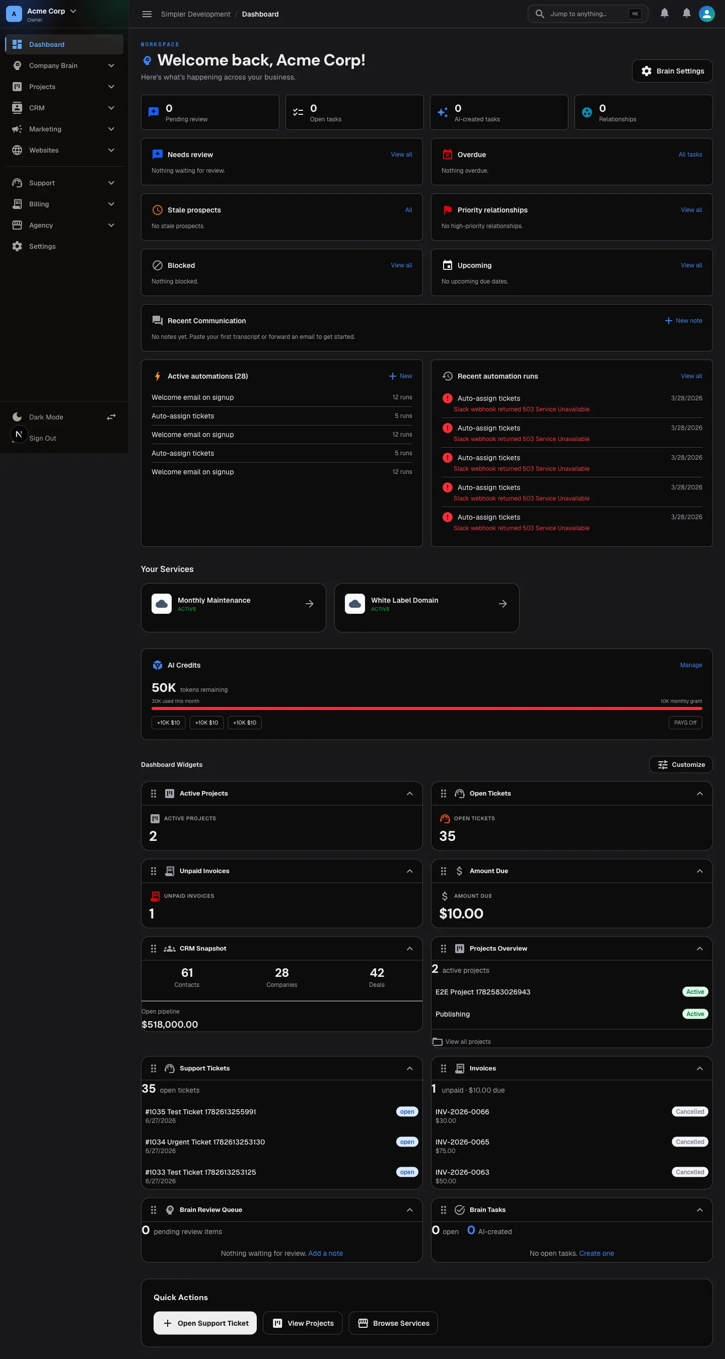 The SimplerDevelopment client portal dashboard — CRM pipeline, projects, invoices, AI credits, and automation runs in one view