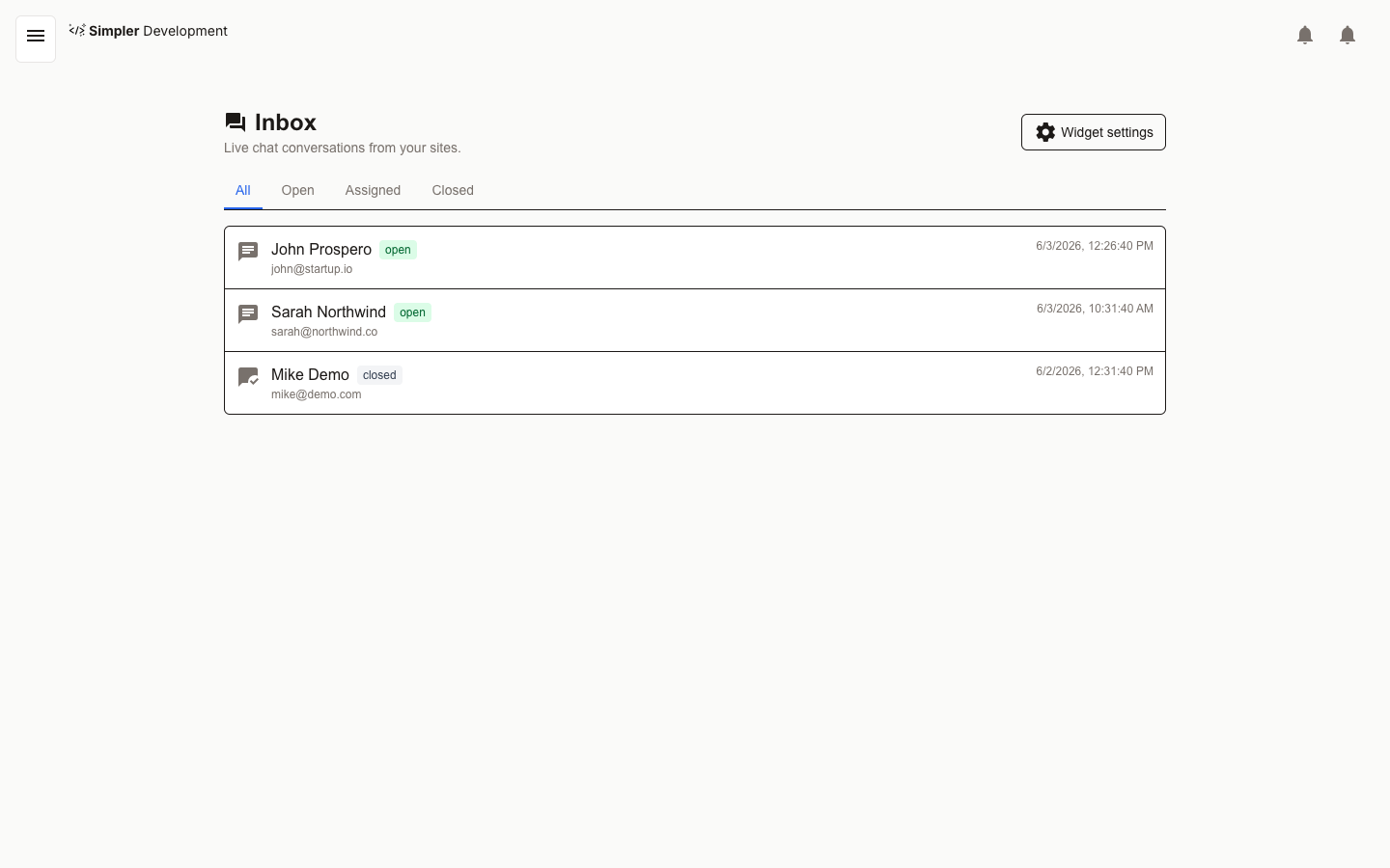 Live Chat Widget & Visitor Inbox — Inbox