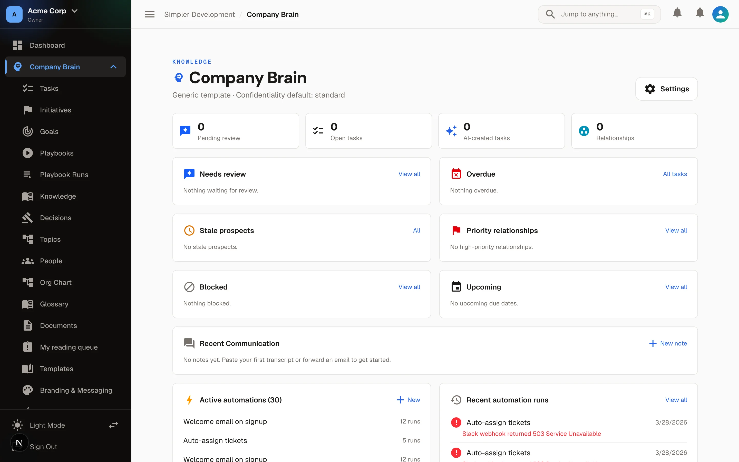 Company Brain — Your AI Knowledge Base — Brain dashboard