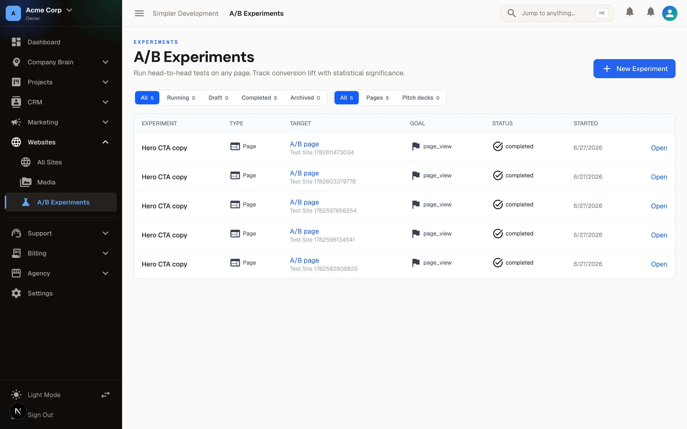 A/B Experiments & Optimization — Experiments list
